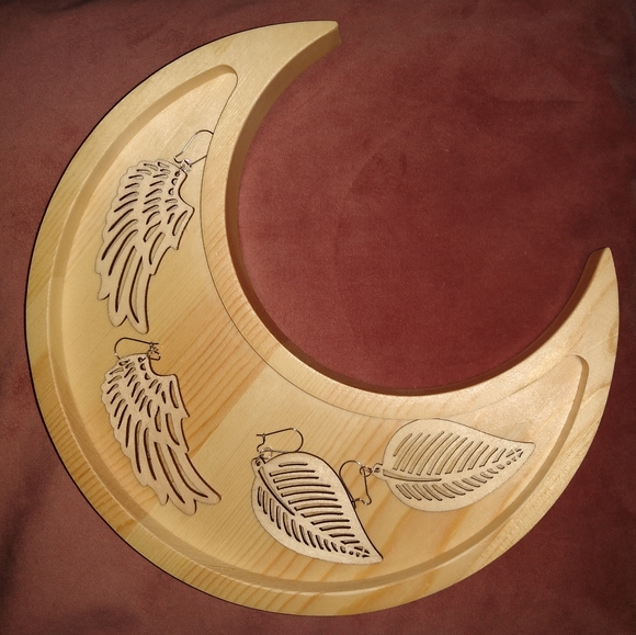 Crescent Moon Tray Natural Wood Dish Jewelry Crystal Gem Display Celestial Decor - Picture 5 of 5